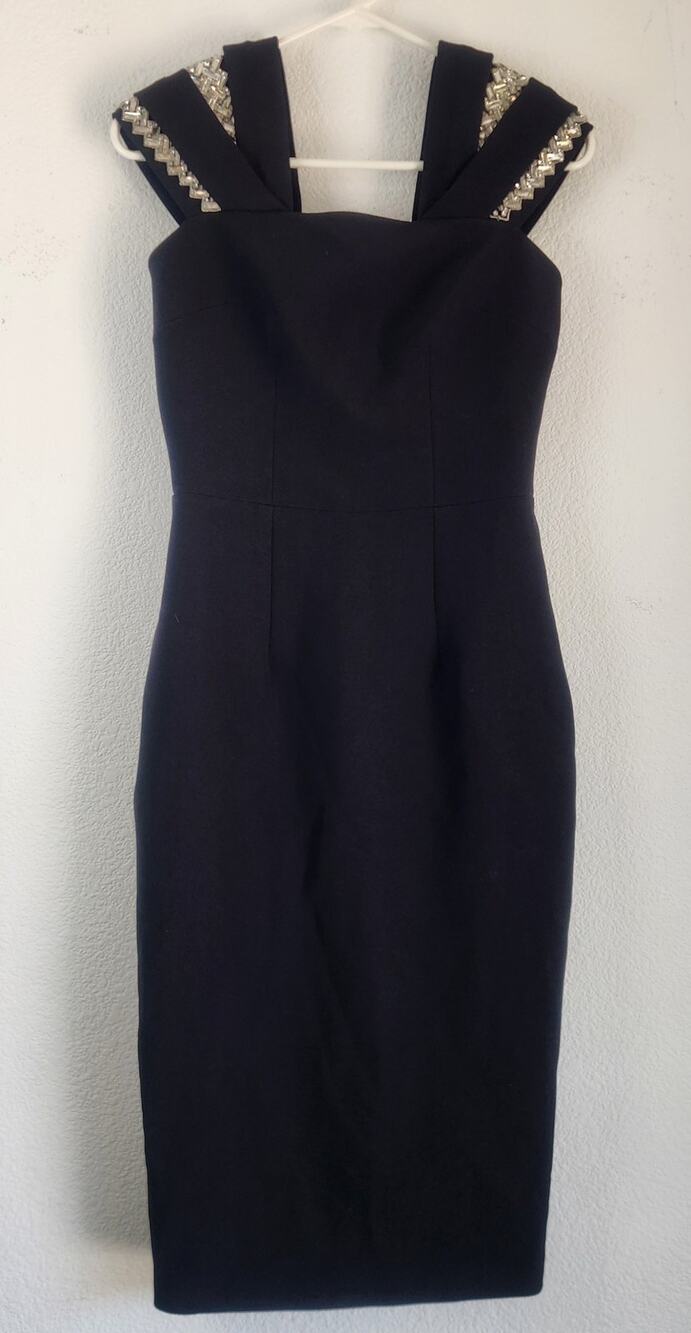 Safiyaa Abrienne Midi Black Dress Size 4 Off Shoulder Crystal Embellishments NWT